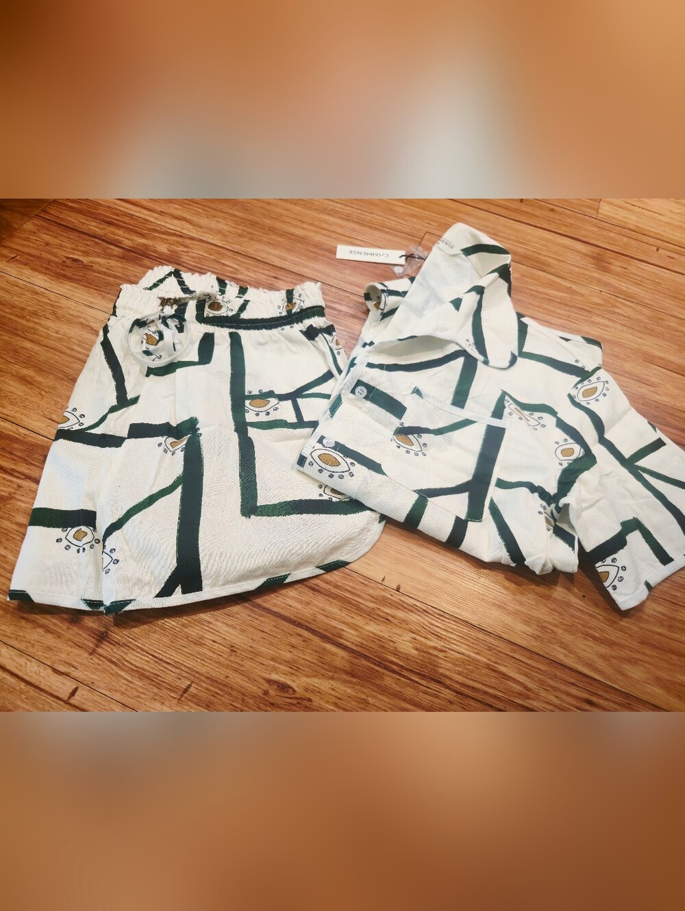 🥑 Commense Set Short-Sleeve Button-Down Shorts Set, Green Geometric Avocado - Picture 8 of 9